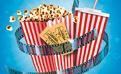 Cinema popcorn, soda drink, tickets and film strip movie poster with fast food snack and cola beverage in disposable striped package on abstract blurred background. Realistic 3d vector illustration